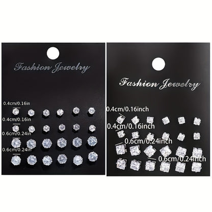 Elegant 48pcs Stud Earrings Set for Women - Sparkling Rhinestone Accents, Round & Square Shapes, Stainless Steel Posts, The rhinestone base is made of iron, Perfect for Casual Attire & Parties
