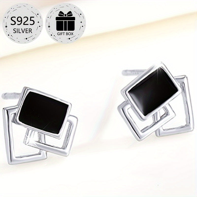 2-Pack Boho Sexy 925 Sterling Silver Square Stud Earrings with Resin Inlay, Lightweight 0.9g, Daily & Gift Occasion, All-Season Jewelry with Gift Box