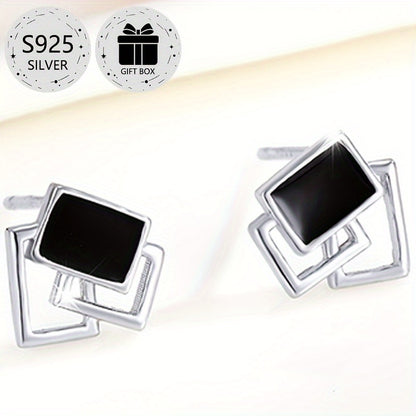 2-Pack Boho Sexy 925 Sterling Silver Square Stud Earrings with Resin Inlay, Lightweight 0.9g, Daily & Gift Occasion, All-Season Jewelry with Gift Box