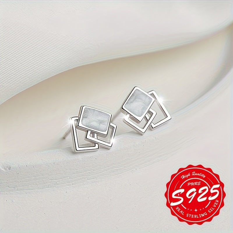 Pair of Spring/Summer S925 Sterling Silvery Geometric Square Earrings for Women, Elegant and Versatile for Casual Attire, Perfect Gift Idea, Hypoallergenic