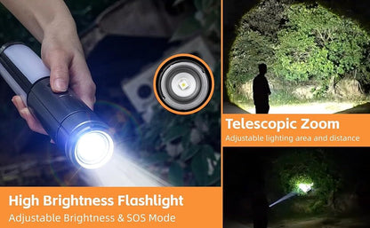 2-in-1 Retractable LED Camping Light, 3000 mAh Rechargeable Retractable Camping Light with USB Rechargeable Battery, 5 Lighting Modes, LED Flashlight, 270° Adjustable, 4 Height Adjustments, Hanging and Standing, Hidden Hook