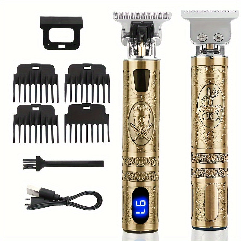 YAIAWISU Men's Cordless Hair Clippers & Beard Trimmer Kit - Golden, USB Rechargeable with LCD Display, Precise T-Blade, Includes Guide Combs & Accessories, 600mAh Battery, Rechargeable Hair Trimmer