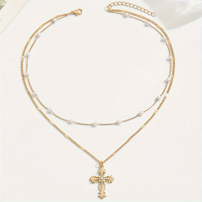 1pc Elegant Multi-Layer Golden-Tone Cross Pendant Necklace with Faux & Sparkling Crystals - Versatile Religious Jewelry for Women, Daily Wear & Holiday Accessories, Timeless Accessory, Sophisticated Design, Stylish Accessory,