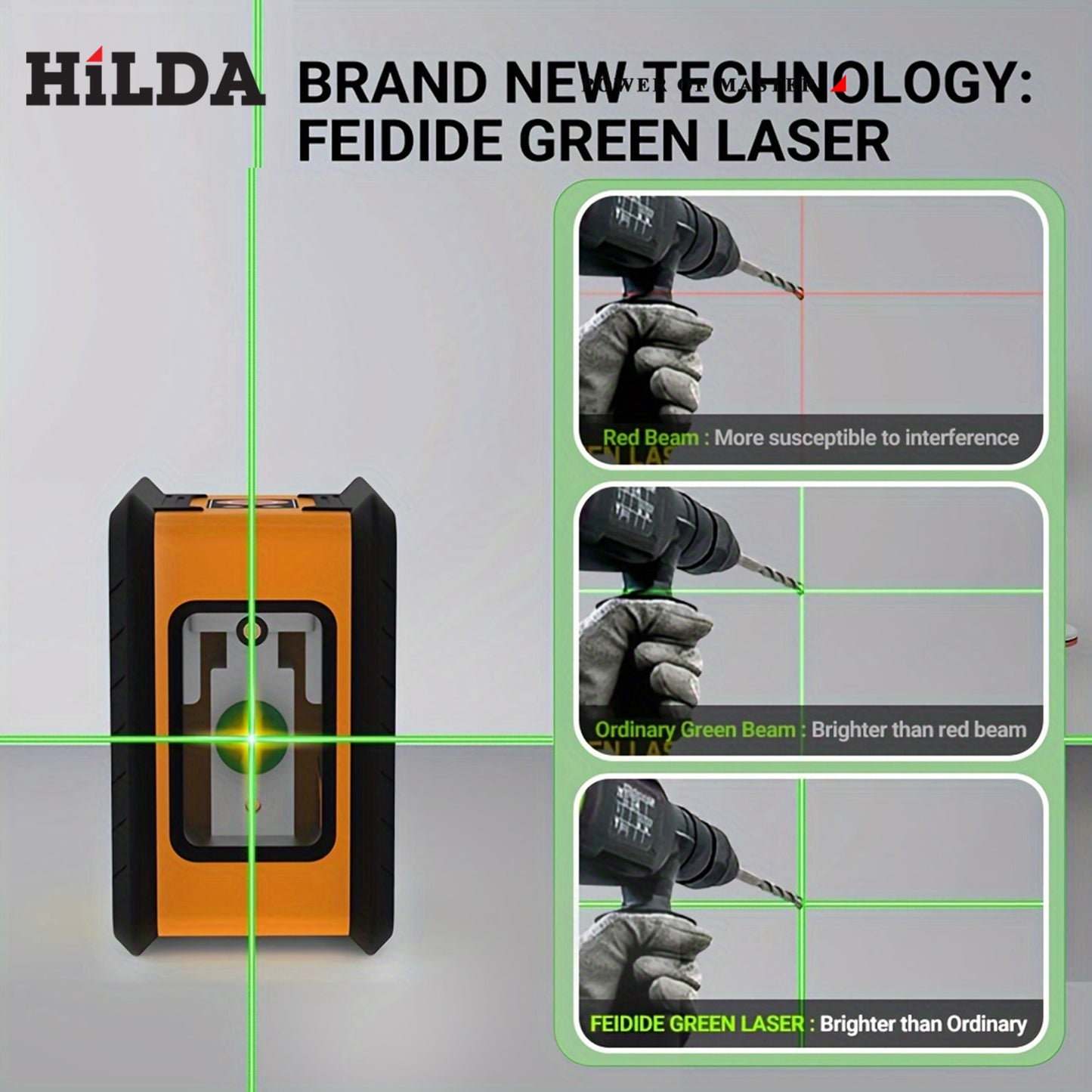 2-line mini laser level, self leveling laser level, horizontal and vertical intersecting ultra green laser beam lines, suitable for DIY, image hanging, and construction sites