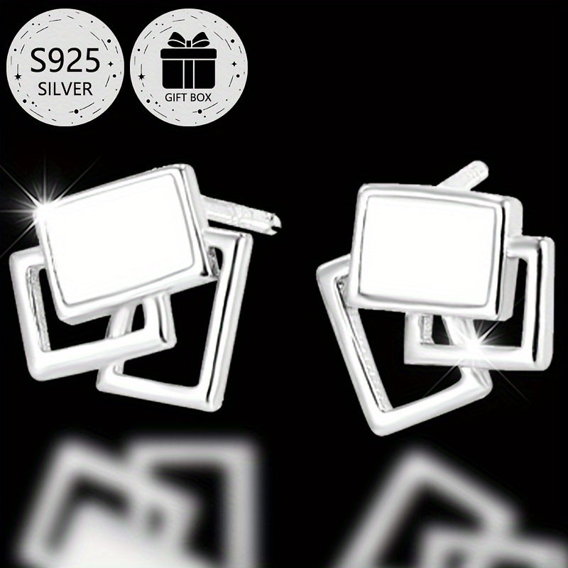 2-Pack Boho Sexy 925 Sterling Silver Square Stud Earrings with Resin Inlay, Lightweight 0.9g, Daily & Gift Occasion, All-Season Jewelry with Gift Box