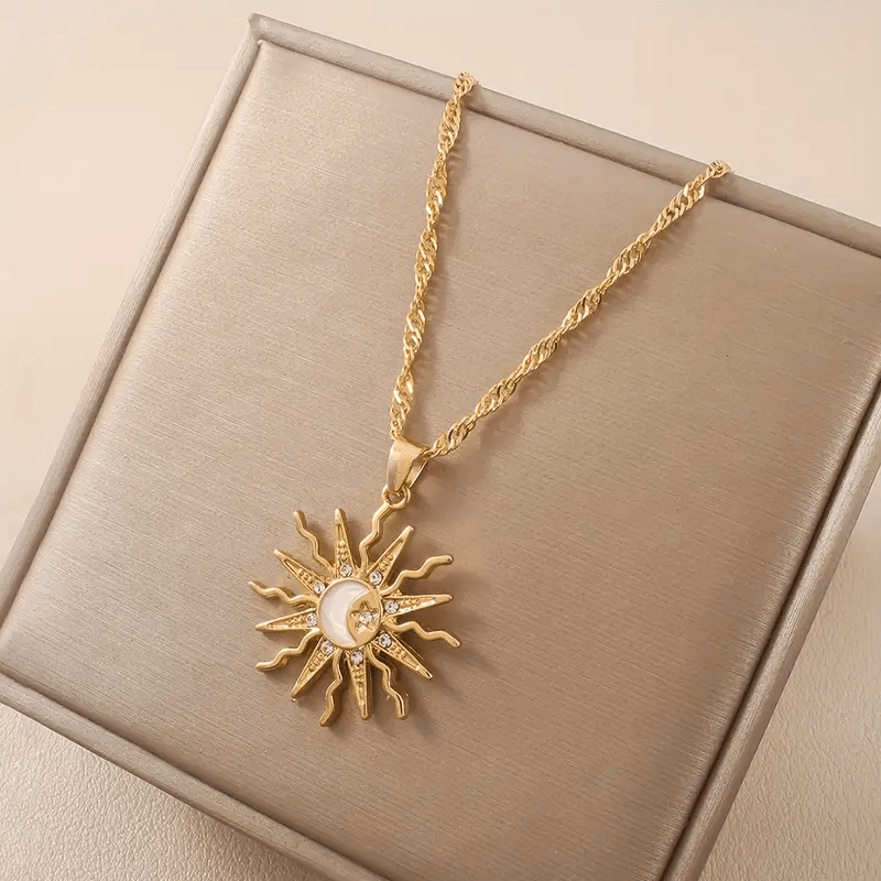 1pc Boho-Chic Celestial Charm Necklace for Women - Adjustable Sun, Moon & Star Pendant, Golden-Tone Alloy with Rhinestone Accents - Ideal for Daily Wear & Vacation