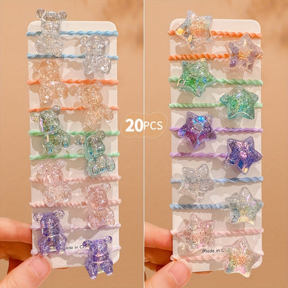 10/20pcs Girls Hair Accessories Colorful Cute Cartoon Bear Heart Star Butterfly Hair Ties for Youngsters