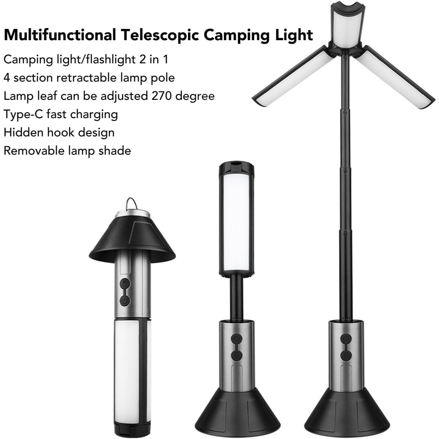 2-in-1 Retractable LED Camping Light, 3000 mAh Rechargeable Retractable Camping Light with USB Rechargeable Battery, 5 Lighting Modes, LED Flashlight, 270° Adjustable, 4 Height Adjustments, Hanging and Standing, Hidden Hook
