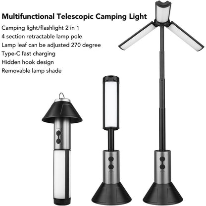 2-in-1 Retractable LED Camping Light, 3000 mAh Rechargeable Retractable Camping Light with USB Rechargeable Battery, 5 Lighting Modes, LED Flashlight, 270° Adjustable, 4 Height Adjustments, Hanging and Standing, Hidden Hook