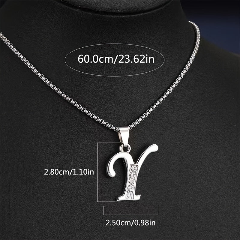 Stainless Steel Hip Hop Initial Necklace, Glass Embedded Alphabet Pendant, Daily Occasion Jewelry, Ideal Graduation Gift, All-Season Accessory, Perfect for Halloween, Daily Wear Jewelry|Hip Hop Style|Glass Embedded Lette