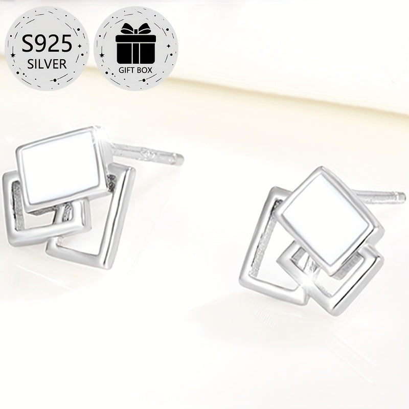 2-Pack Boho Sexy 925 Sterling Silver Square Stud Earrings with Resin Inlay, Lightweight 0.9g, Daily & Gift Occasion, All-Season Jewelry with Gift Box