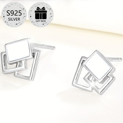 2-Pack Boho Sexy 925 Sterling Silver Square Stud Earrings with Resin Inlay, Lightweight 0.9g, Daily & Gift Occasion, All-Season Jewelry with Gift Box
