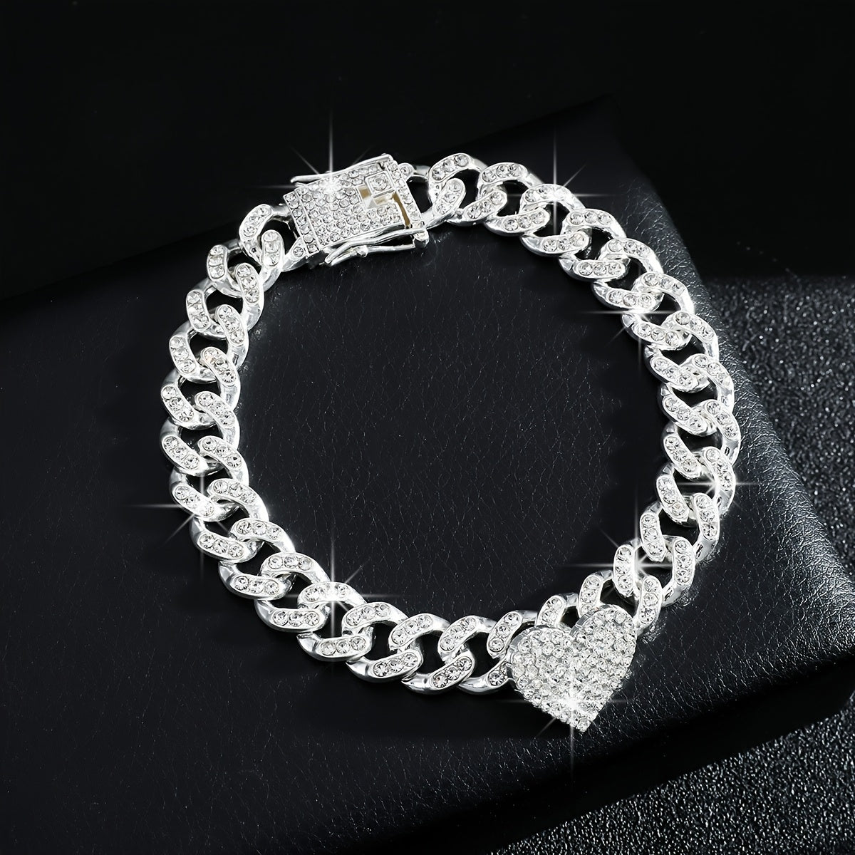 1pc Iced-Out Rhinestone Heart Anklet - Luxurious Golden Cuban Link Chain with Sparkling Stones for Women, Perfect for Casual Attire or Parties, Party Accessories | Heart Charm Anklet | Highquality Jewelry, Heart Jewelry