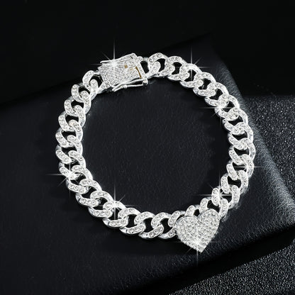 1pc Iced-Out Rhinestone Heart Anklet - Luxurious Golden Cuban Link Chain with Sparkling Stones for Women, Perfect for Casual Attire or Parties, Party Accessories | Heart Charm Anklet | Highquality Jewelry, Heart Jewelry