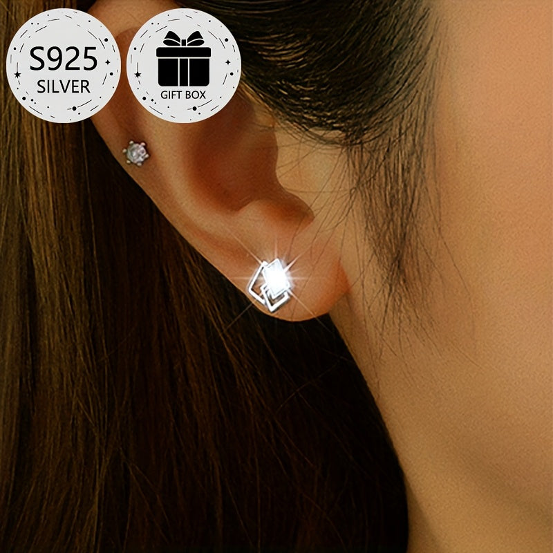 2-Pack Boho Sexy 925 Sterling Silver Square Stud Earrings with Resin Inlay, Lightweight 0.9g, Daily & Gift Occasion, All-Season Jewelry with Gift Box