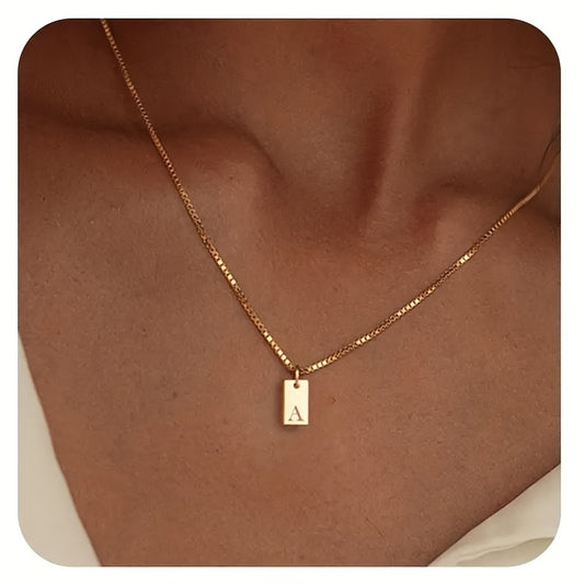 Golden Color Rectangular Tag Alphabet Letter Engraving Pendant Necklace For Women, Elegant Fashionable Jewelry Gift